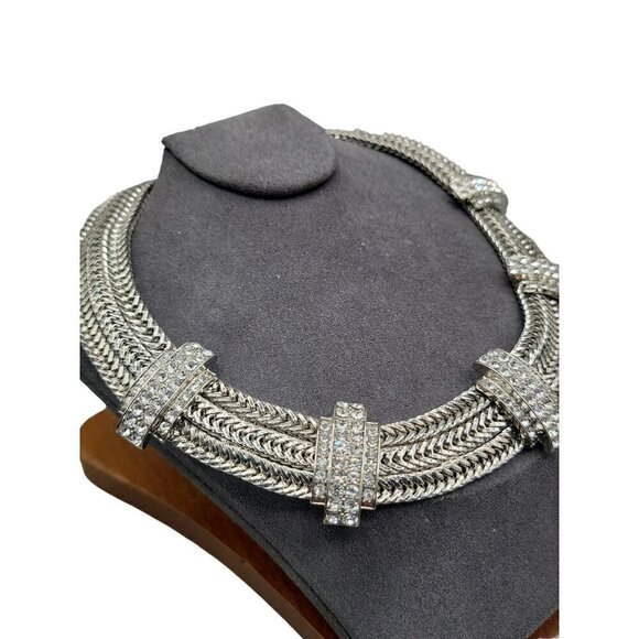 Silver Tone Mesh Collar Necklace Rhinestone Studded Woven 18" Chain - Picture 2 of 15